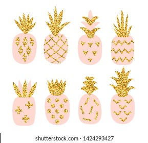 Creative set of pink pineaooles with gold glitter texture. Scandinavian stylish printable with hand drawn geometric pineapple. Vector illustration 