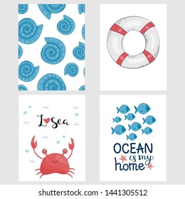 Creative set of prints and seamless patterns. Crab, fish, shells and lifebuoy. For fashionable kidswear, t-shirts, posters, cards, scrapbooking, invitations for birthday and party. Vector illustration