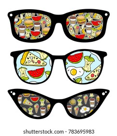 Creative set of retro glasses with reflection. Vector collection of frames in vintage style.