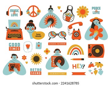 Creative set of retro groovy clipart. Cheerful, joyful, abstract flat person, girl, boy, typewriter, vinyl record, flower, peace symbol, glasses. Love for music, world, vintage, 60s concept. 