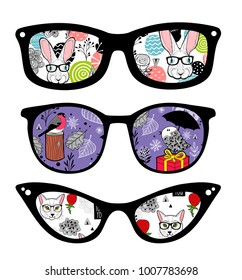 Creative set of retro sunglasses with pattern reflection. Vintage vector illustration.