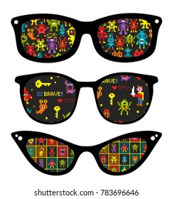 Creative set of retro sunglasses with pattern reflection. Vintage vector illustration.