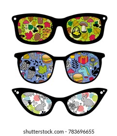 Creative set of retro sunglasses with pattern reflection. Vintage vector illustration.