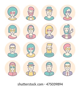 Creative set of round avatars for social media or web site. Trendy profile icons collection. Black and white characters: guys, girls. Contours, outlines and lines. Flat vector stock.