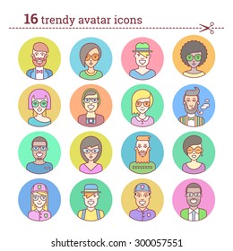 Creative set of round hipster avatars for social media or web site. Trendy colorful profile icons collection. Black and white characters: guys, girls. Contours, outlines and lines. Flat vector stock.
