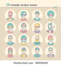 Creative set of round hipster avatars for social media or web site. Retro profile icons collection. Pack of character's icons: guys, girls. Contours, outlines and thin lines. Flat vector stock.