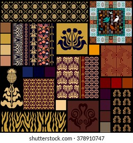 Creative set of seamless wallpaper and tile. Art Deco collection. Vintage rose pattern, zebra print, damask ornaments, pineapple border. Golden shadows.