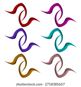 Un conjunto creativo de seis iconos 3D con dos trazos curvos entrelazados. Incluye una variedad de Gradientes profesionales que incluyen rojo, magenta, púrpura, verde azulado, oro y oro rosa. Ideal para conectividad, asociación o conceptos de logotipo basados en tecnología.