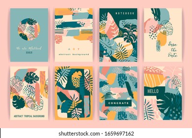 Creative set of templates with tropical plants and artistic background. Modern exotic design for card, poster, banner, interior decor and other users.