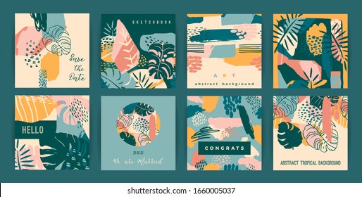 Creative set of templates with tropical plants and artistic background. Modern exotic design for card, poster, banner, interior decor and other users.