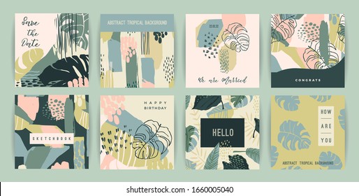 Creative set of templates with tropical plants and artistic background. Modern exotic design for card, poster, banner, interior decor and other users.