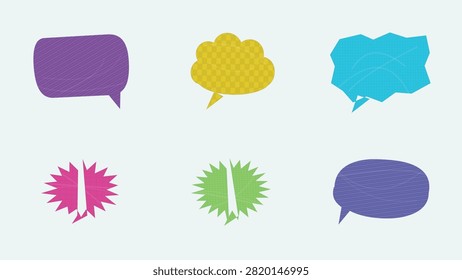 A creative set of textured speech bubbles, cloud frames, and comic explosion shapes isolated on a light background. Perfect for messaging layouts, comic book dialogue, social media promo banners, chat interfaces, and creative vector art projects.

#SpeechBubbles #ComicBurst #VectorArt #GraphicDesign #ChatBox #TextFrames #VectorIllustration #DesignElements #CreativeAssets #PatternDesign
