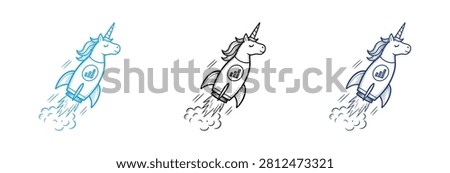 A creative set of three hand drawn unicorn rocket ships blasting off with smoke and fire in a whimsical sketch style