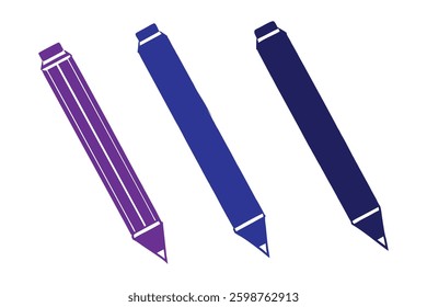 A creative set of three pencil illustrations in varying shades of purple and blue, perfect for art-themed designs, school-related graphics, digital illustrations, and stationery branding.