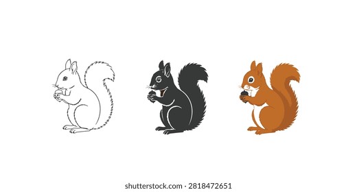 A creative set of three squirrel icons arranged horizontally on a white background. The first squirrel is drawn in clean line art with simple outlines, the second is a bold black silhouette, and the third is a colorful illustration featuring natural tones of brown, gray, and white. This versatile design set is perfect for branding, woodland-themed projects, minimalist artwork, or vector graphics.