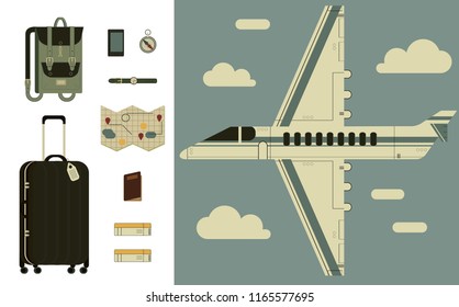 Creative Set Transport Elements. Creative flat vector illustration with air transport & travel symbols.Vector set of travel icons with retro airplane, passport, airline boarding pass and room key