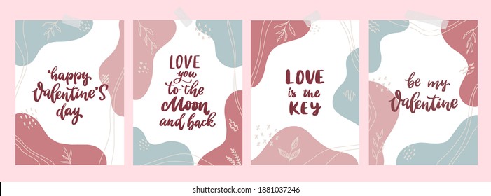 creative set of Valentine's day cards, posters, prints, banners, templates, etc. Hand lettering quotes decorated with floral elements and abstract memphis background. Social media design. EPS 10 