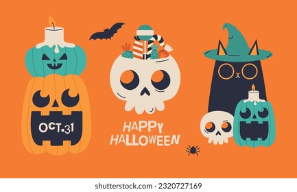 Creative set with vector cliparts for Halloween. Hand drawn stickers, badges with illustrations of skull, pumpkin, candle, candy, black cat, witch hat, spider, bat. Happy Halloween concept.