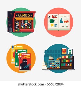 Creative Set Of Vector Flat Icons On Comic Books Shop With Store Building, Interior, Opened Graphic Novel Spread And Abstract Magazine Covers