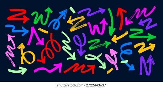 Kreative Reihe von lebendigen neonfarbenen Pfeilen, handgezeichneten Zeigern und abstrakten Pinselstrichsymbolen im urbanen Graffiti-Stil. Vektor abstrakte Muster chaotisch bunt gerichtet für kreative Design-Projekte.