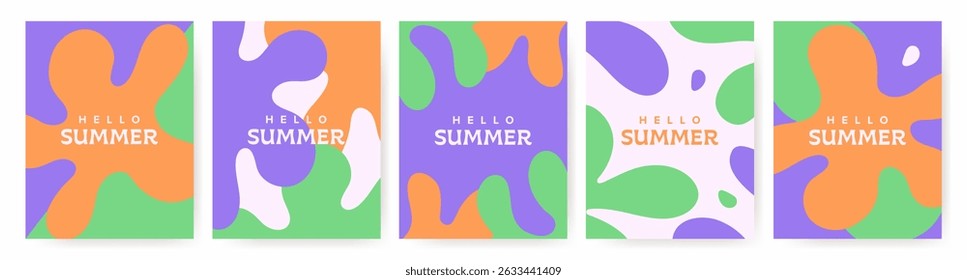 A creative set of vibrant summer cards featuring abstract organic shapes. Contemporary minimalist design templates are ideal for promotions, events, branding, banners, covers, labels, posters, sales.