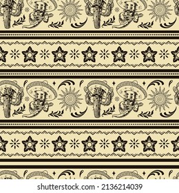Creative set of vintage borders with Mexican cactus in sombrero shaking maracas, chili pepper with mustache playing guitar, abstract sun with twisted circle, twigs and flowers, vector illustration
