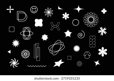 Conjunto creativo de símbolos abstractos blancos e iconos gráficos modernos en estilo Y2K de tecnología retro. Elementos futuristas decorativos.
