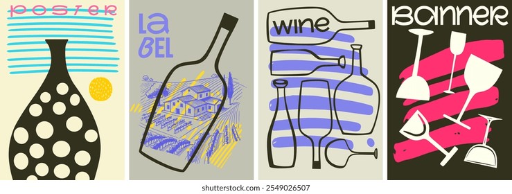 A creative set of wine posters featuring abstract bottles, vineyard illustrations, and vibrant typography, ideal for banners, labels, and wine events.