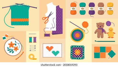 Creative sewing and needlework hobbies set: knitting, sewing, crochet and embroidery, crafts and leisure activities concept