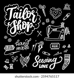 Creative Sewing Shop Design with Hand-Drawn Elements on Black Background Featuring Vintage Lettering, Sewing Tools, and Handmade Graphics. Perfect for crafting and tailoring projects