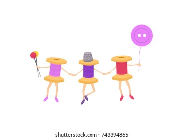 Creative sewing theme design: animated funny dancing spools