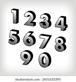 Creative shadowed number set, pop art dot design number alphabet sign. Vector. Modern background for posters, websites, web pages, business cards, postcards, interior design.