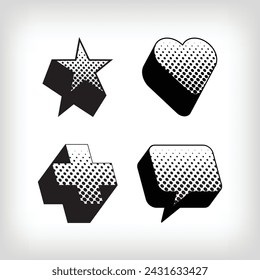 Creative shadowed number with star, heart, plus, and speech bubble pop art dot sign set. Vector. Modern background for posters, websites, web pages, business cards, postcards, interior design.