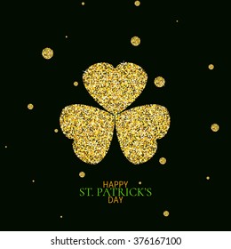 Creative shamrock leaf for Saint Patrick's Day celebration. Gold clover made of sparkling confetti on black background. Vector illustration.