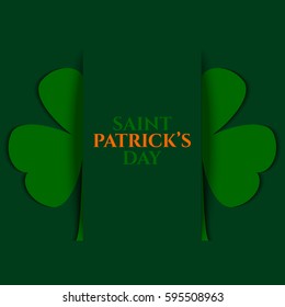 Creative shamrock leaf for Saint Patrick's Day celebration. Frame in the shape of a clover leaf made of green and orange grainy texture. Perfect for party invitations, posters, banners, flyers, cards.