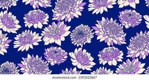 Creative shape floral seamless pattern.  Vector hand drawn sketch. Abstract silhouettes flowers peonies, dahlia on a bright blue background.