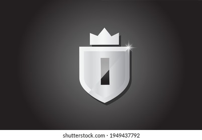 Escudo creativo I alfabeto icono del logotipo de la letra en color gris. Diseño empresarial para la identidad de plantilla de la empresa con corona de rey y chispa de luz
