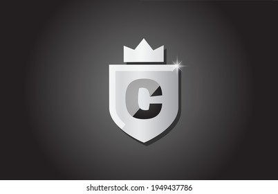 Creative Schild C Alphabet Buchstaben Logo Symbol in grauer Farbe. Corporate Business Design für Firmenvorlagenidentität mit Königskrone und hellem Funken