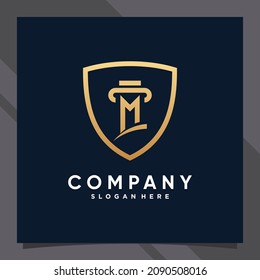 Creative shield combined law logo design initial letter m with golden style color