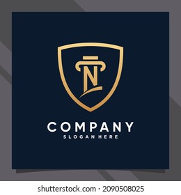 Creative shield combined law logo design initial letter n with golden style color