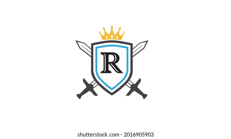 creative shield letter r swords crown logo vector design