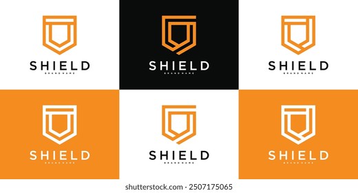 Creative shield logo design concapt with line art style. Premium Vector