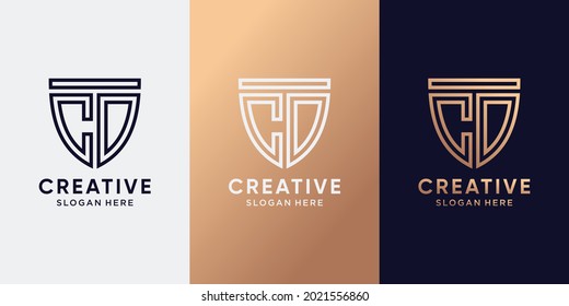 Creative shield logo design initial letter CD with line art style. Monogram logo for business company and personal