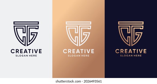 Creative shield logo design initial letter CG with line art style. Monogram logo for business company and personal