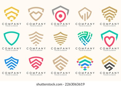 Creative Shield Logo und Symbole gesetzt. Design-Vorlage für Vektorgrafik-Logo.