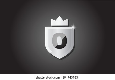 Creative shield O alphabet letter logo icon in grey color. Corporate business design for company template identity with king crown and light spark