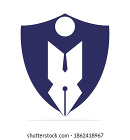 Pluma de Escudo Creativo con plantilla de diseño de logotipo de señas humanas. Carácter humano protector y logotipo de la pluma.