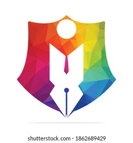 Creative Shield pen with human sign logo design template. Protective Human character and Pen logo.