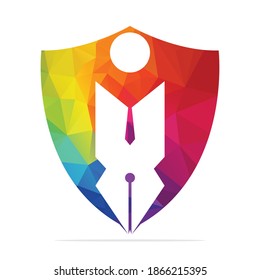 Creative Shield pen with human sign logo design template. Protective Human character and Pen logo.