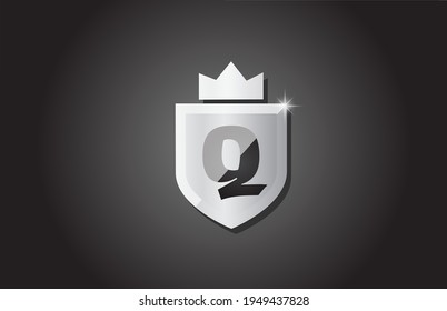 Creative shield Q alphabet letter logo icon in grey color. Corporate business design for company template identity with king crown and light spark